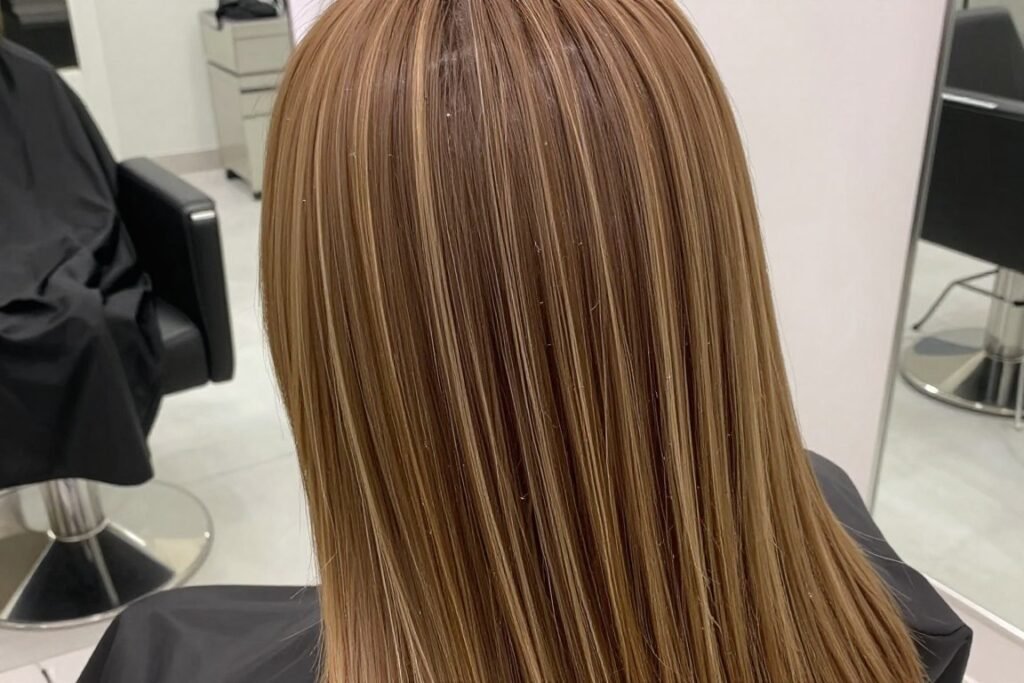 Light brown hair with highlights styled straight and sleek