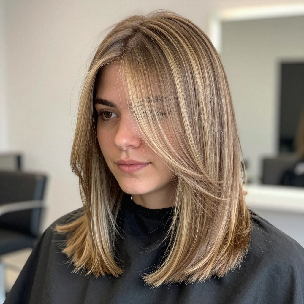 Light brown lob with blonde money piece highlights