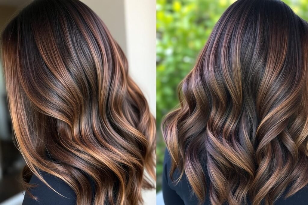 Long brunette hair with dark sombré effect showing gradual lightening toward ends Long brunette hair with dark sombré effect showing gradual lightening toward ends