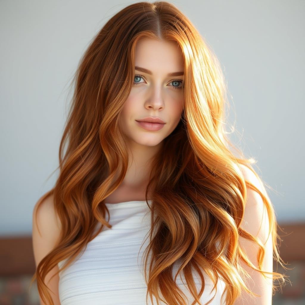 Long wavy red copper hair with face-framing highlights Long wavy red copper hair with face-framing highlights