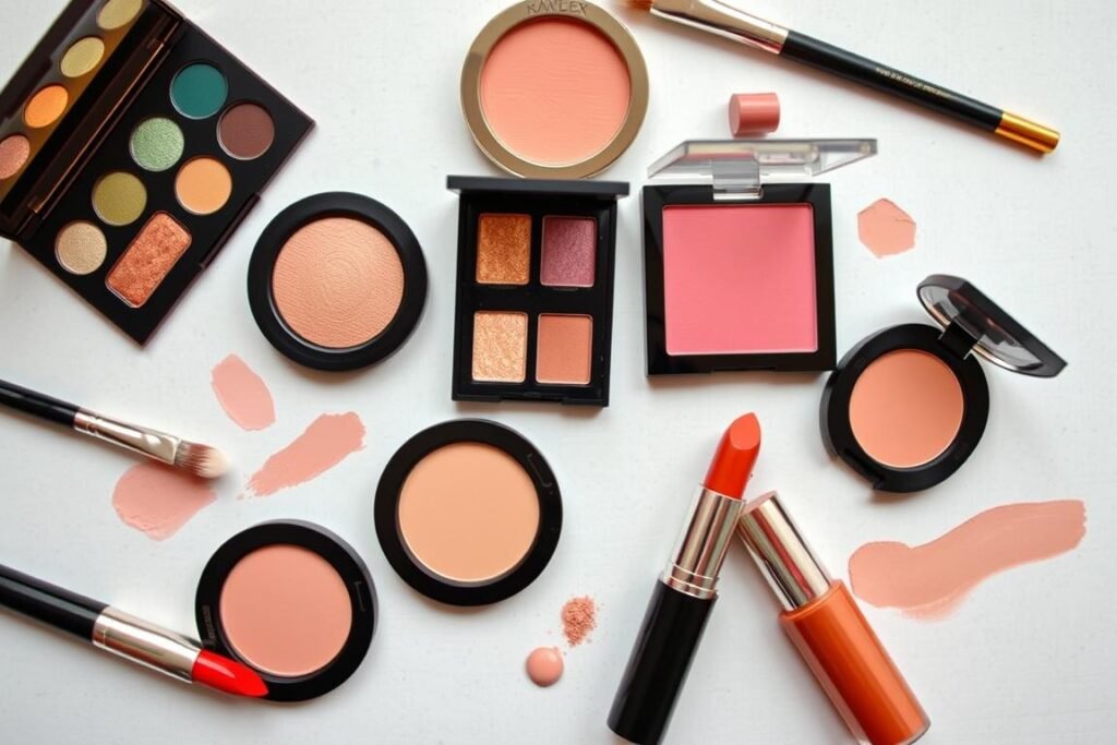 Makeup palette with colors that complement ginger hair including eyeshadows, blushes and lipsticks