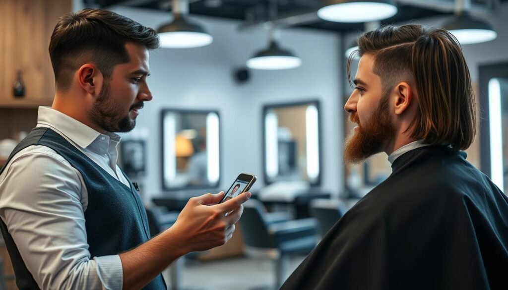 Man discussing medium length haircut with barber showing reference photos