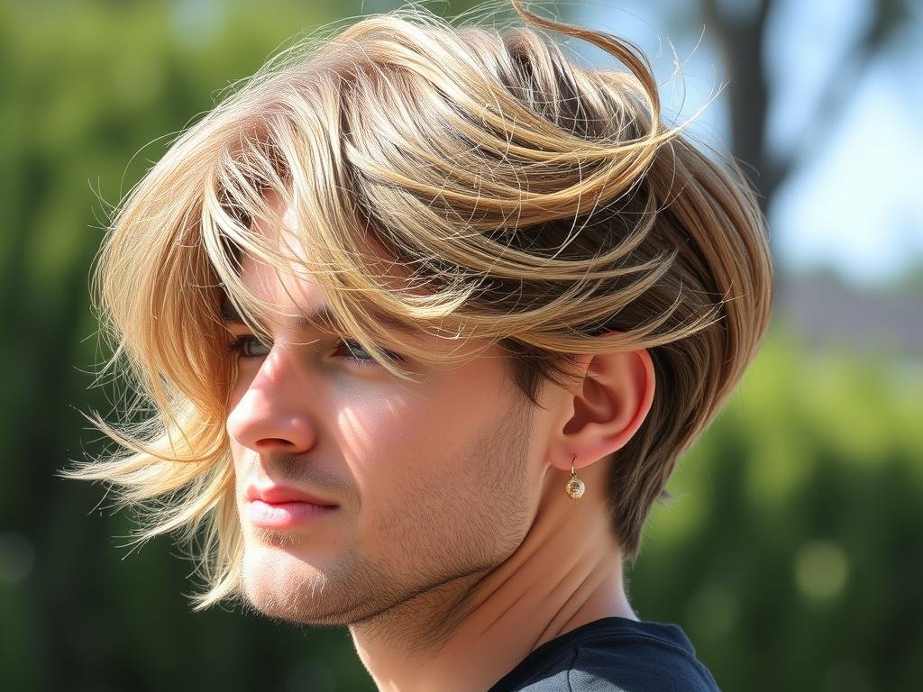 Man with bro flow medium length haircut swept back naturally