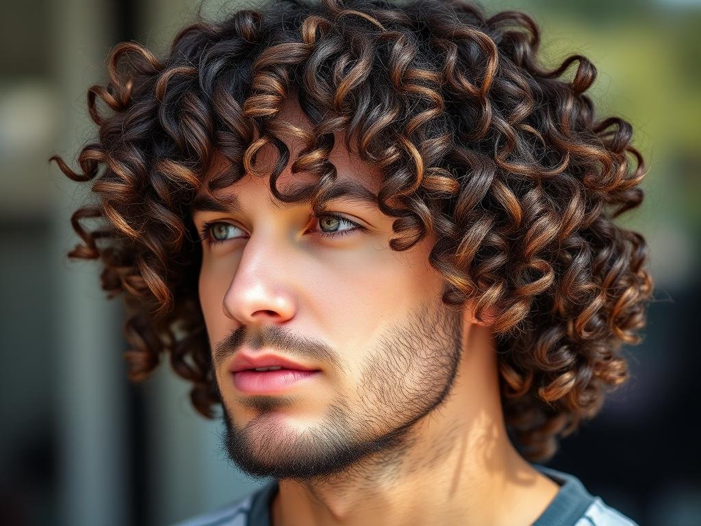 Man with medium length curly hair styled to enhance natural texture