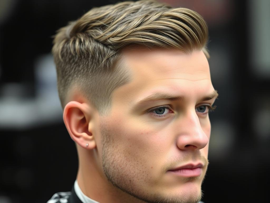 Man with textured crop medium length haircut with fringe