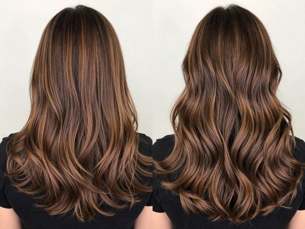 Medium brown hair with caramel balayage highlights painted through mid-lengths and ends Medium brown hair with caramel balayage highlights painted through mid-lengths and ends
