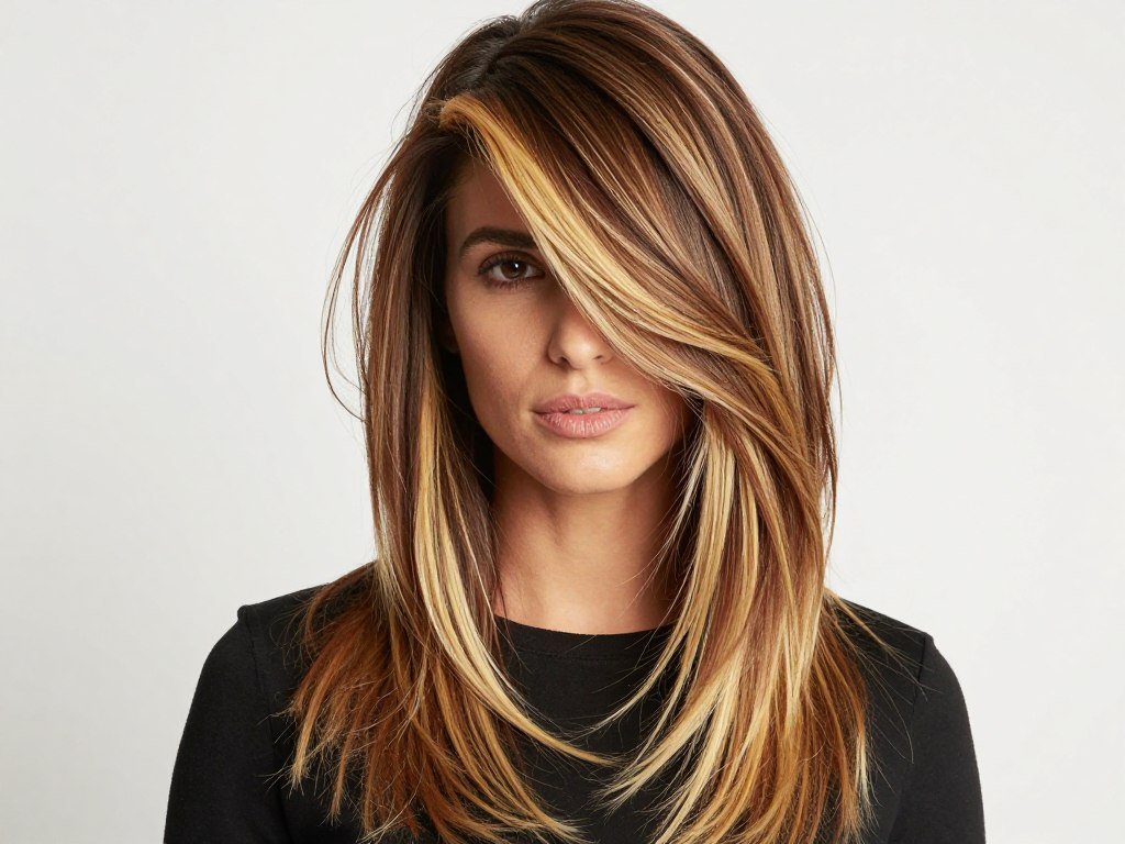 Medium brown hair with golden blonde highlights creating a striking contrast Medium brown hair with golden blonde highlights creating a striking contrast