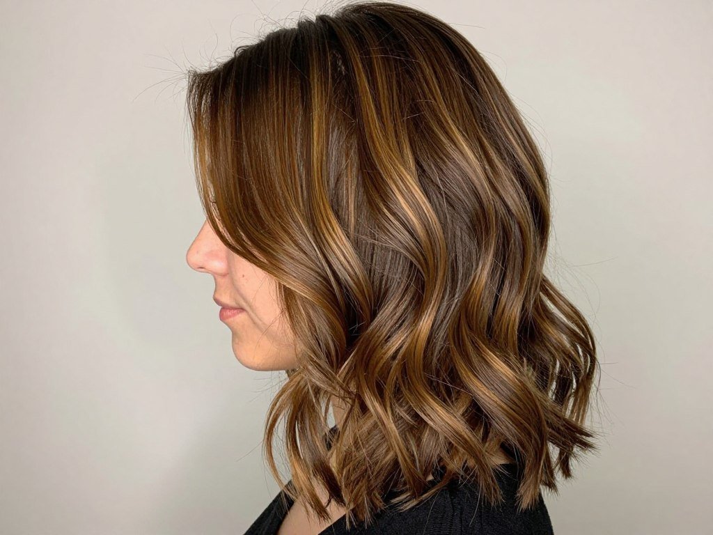 Medium brown hair with hand-painted balayage highlights creating a natural gradient effect Medium brown hair with hand-painted balayage highlights creating a natural gradient effect