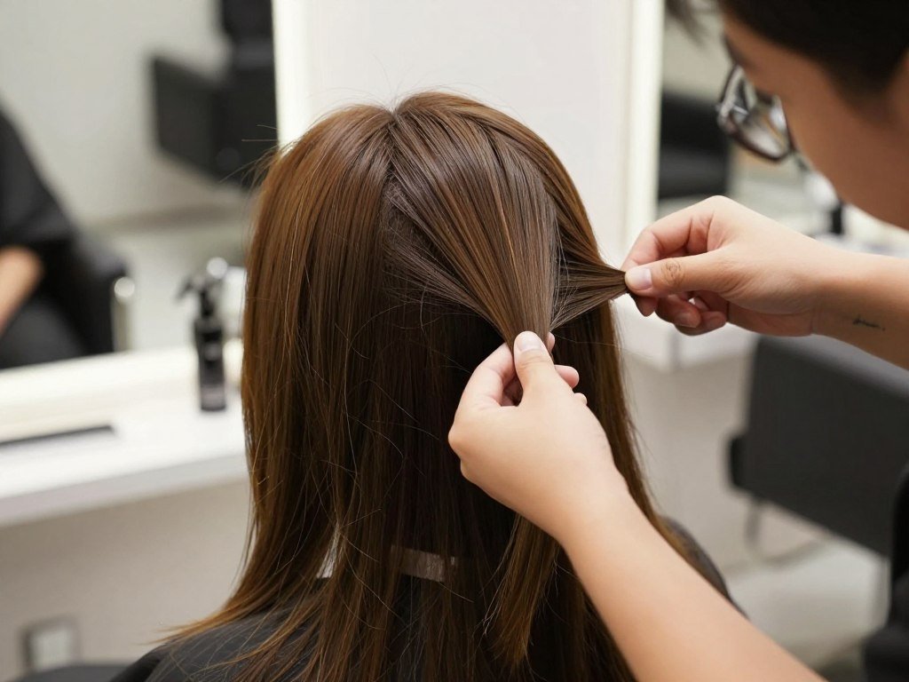 Medium brown hair with highlights being touched up in a salon Medium brown hair with highlights being touched up in a salon