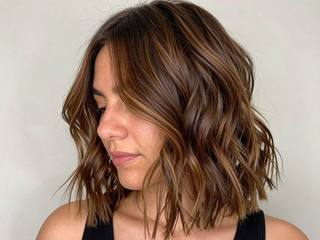Medium brown hair with highlights styled in textured waves to showcase dimension Medium brown hair with highlights styled in textured waves to showcase dimension