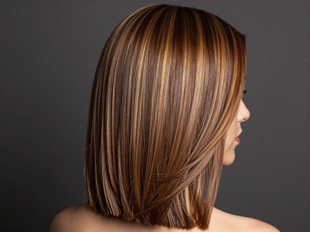Medium brown hair with highlights styled to a glossy finish that reflects light Medium brown hair with highlights styled to a glossy finish that reflects light