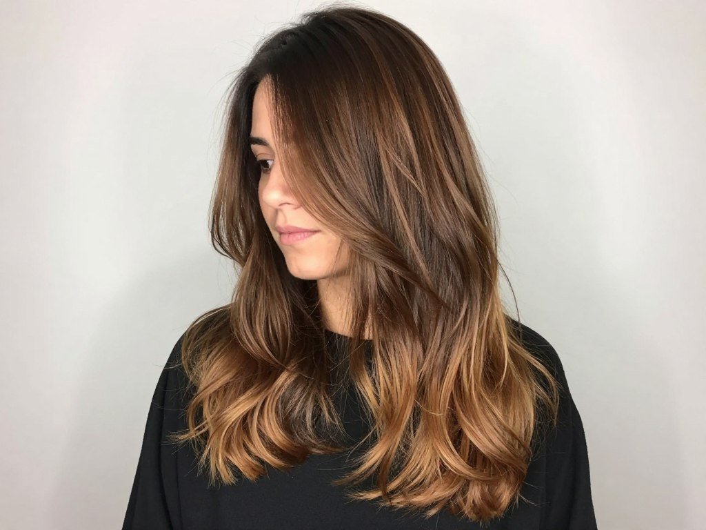 Medium brown hair with ombré highlights transitioning from darker roots to lighter ends Medium brown hair with ombré highlights transitioning from darker roots to lighter ends