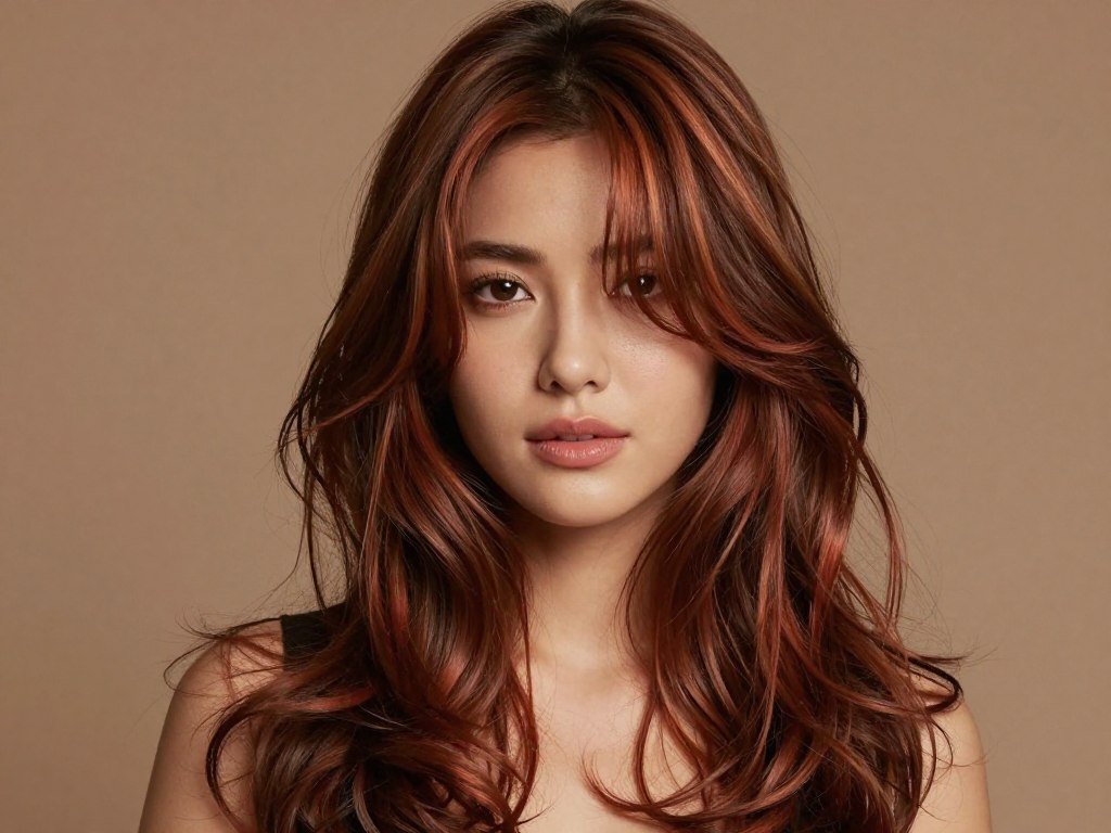 Medium brown hair with reddish cinnamon highlights adding warmth and spice Medium brown hair with reddish cinnamon highlights adding warmth and spice