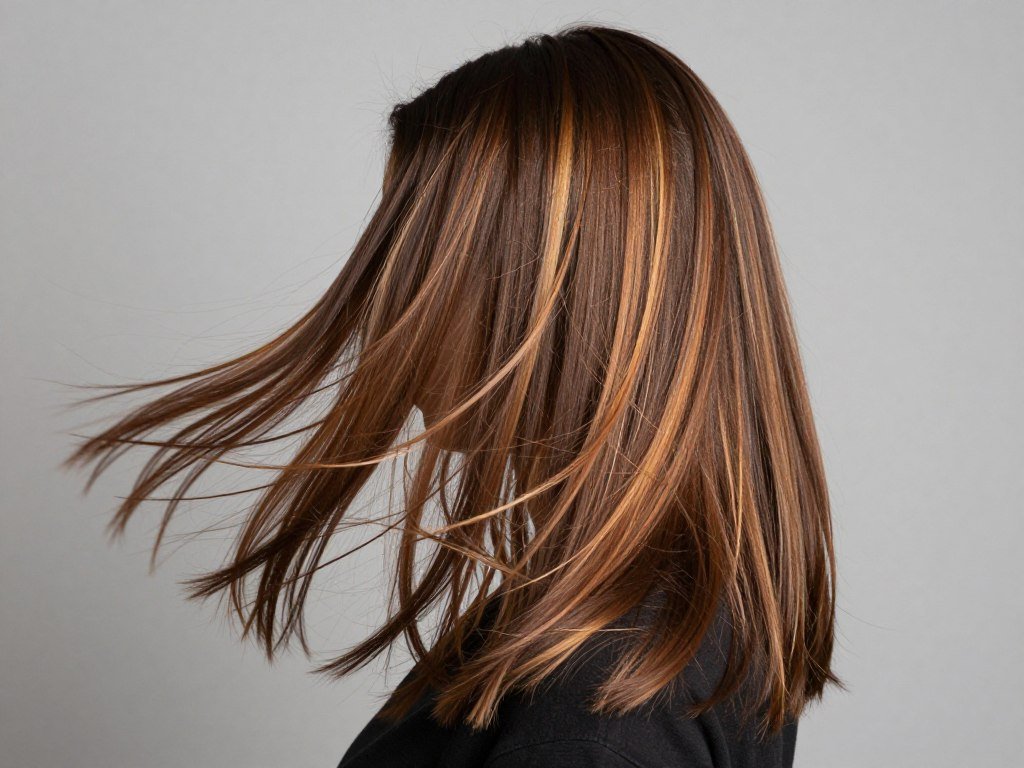 Medium brown hair with ribbon-like highlights creating movement and dimension Medium brown hair with ribbon-like highlights creating movement and dimension