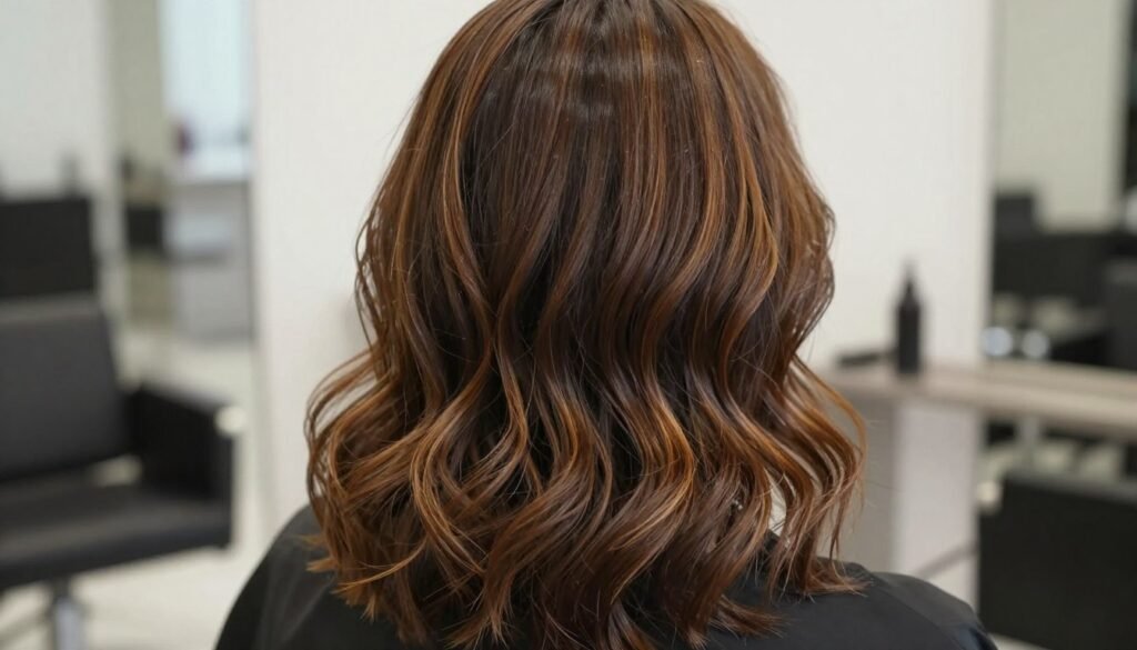 Medium brown hair with subtle caramel highlights showing natural dimension and movement