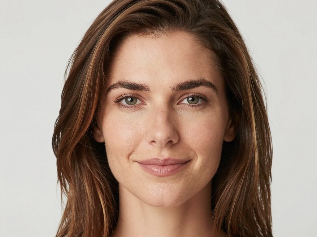 Medium brown hair with subtle face-framing highlights that brighten the face Medium brown hair with subtle face-framing highlights that brighten the face