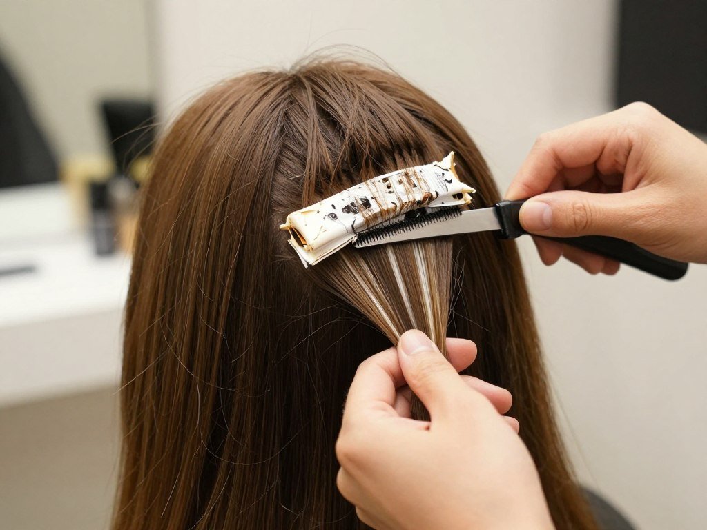 Medium brown hair with traditional foil highlights being applied in a salon Medium brown hair with traditional foil highlights being applied in a salon