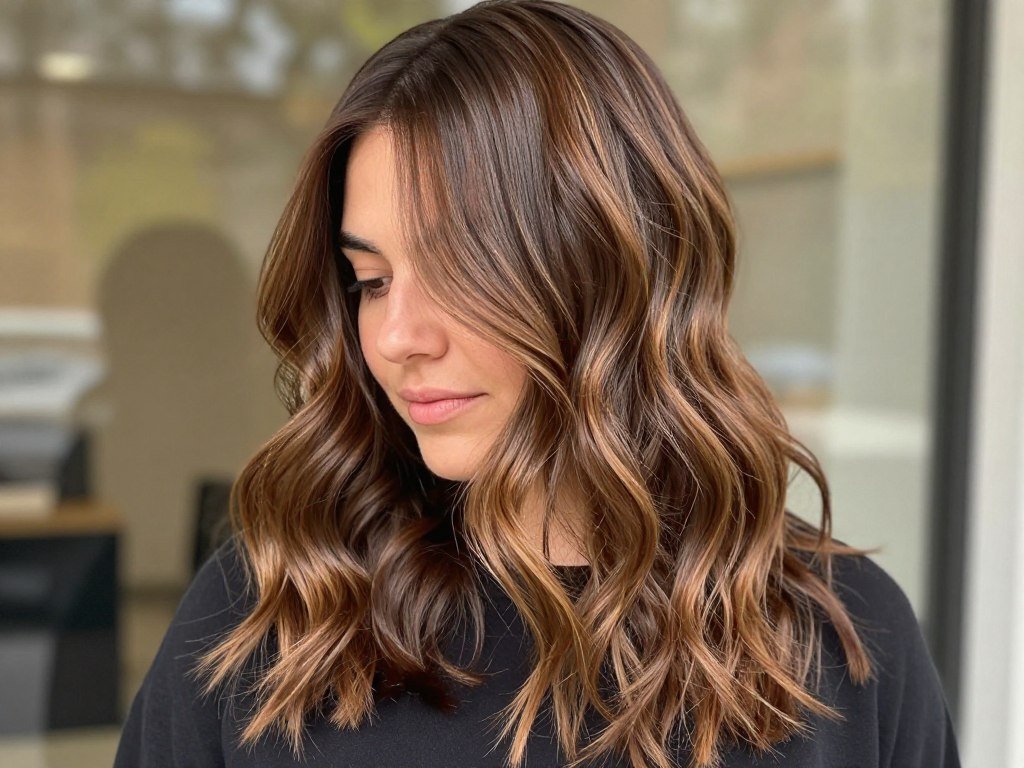 Medium brown hair with warm caramel highlights creating a rich, dimensional look Medium brown hair with warm caramel highlights creating a rich, dimensional look
