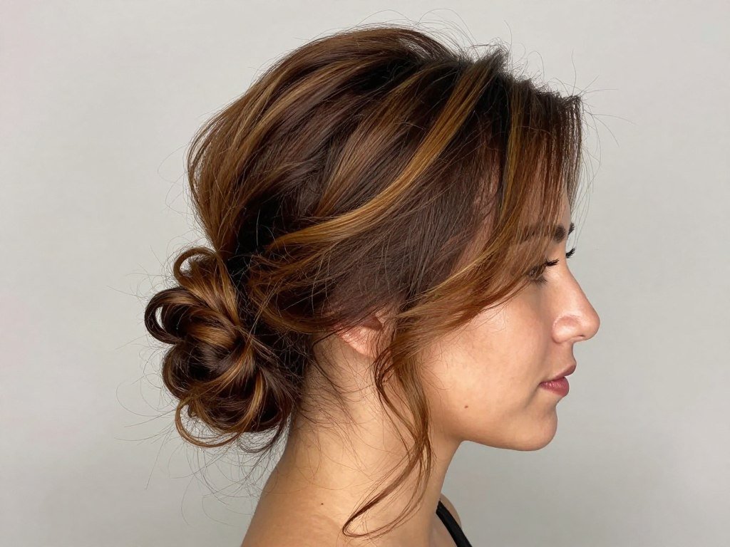 Medium brown highlighted hair styled in a loose updo showing color dimension Medium brown highlighted hair styled in a loose updo showing color dimension