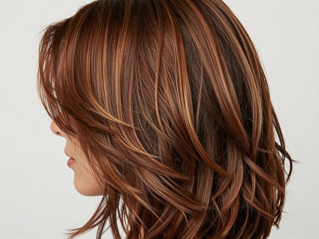 Medium brown highlighted hair styled with volume at the roots to enhance dimension Medium brown highlighted hair styled with volume at the roots to enhance dimension