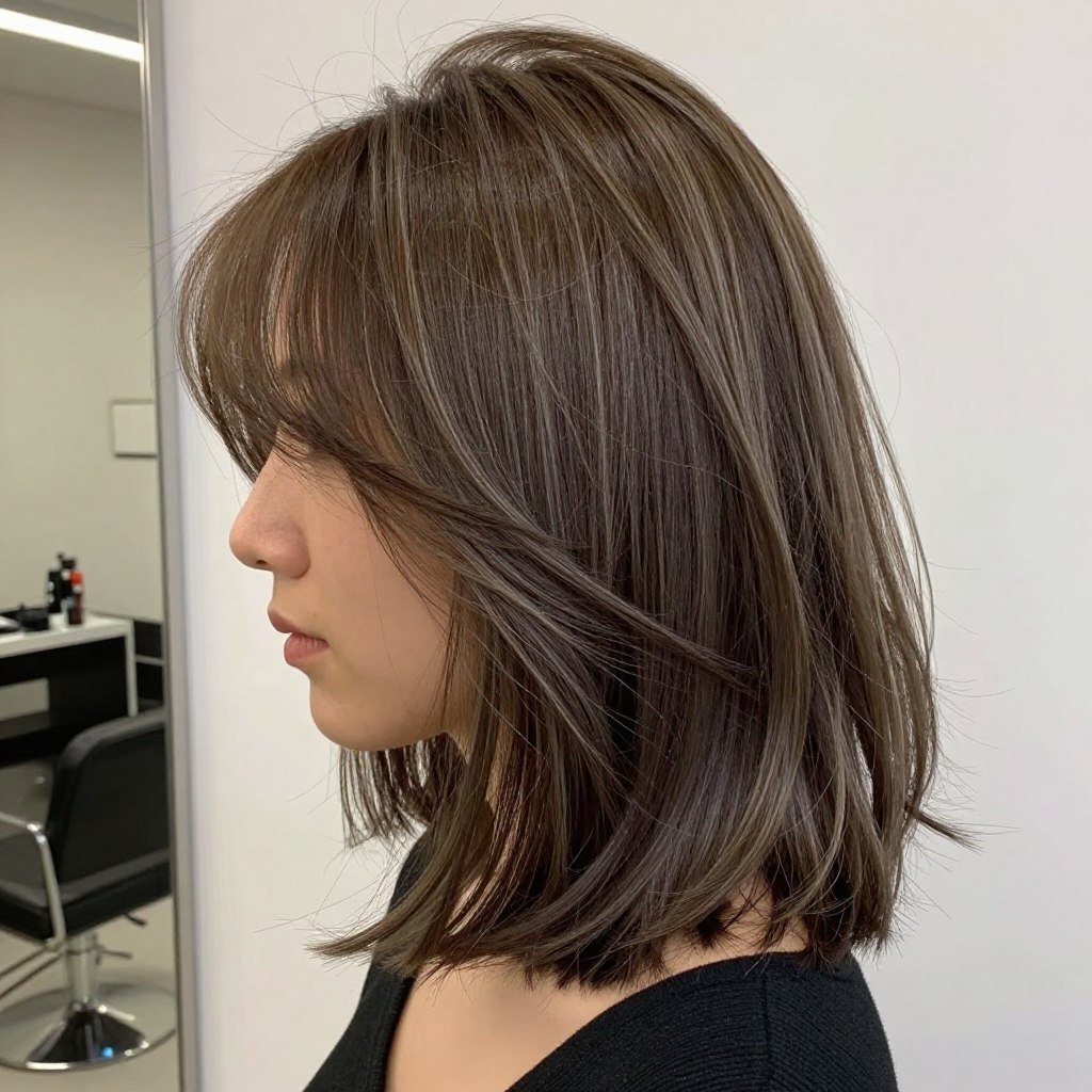 Medium brown lob with ash highlights brown hair balayage