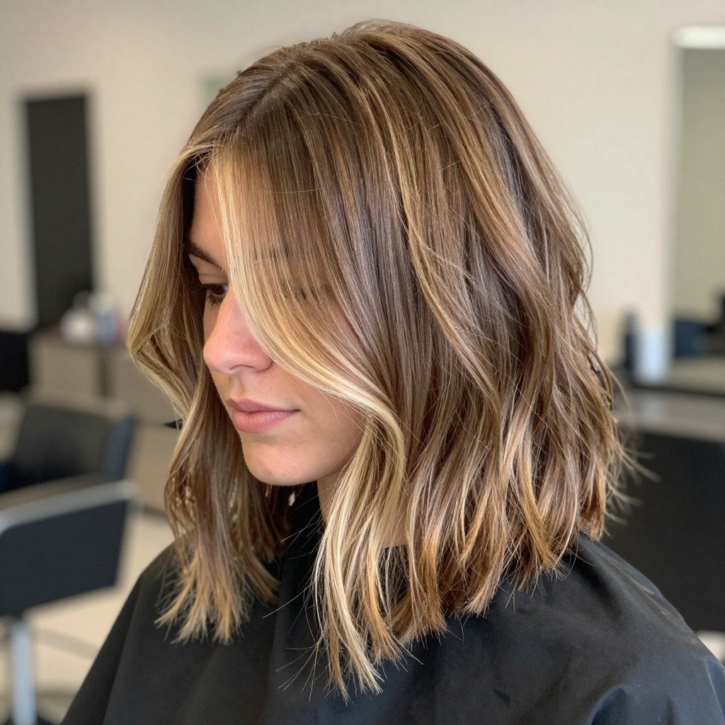 Medium brown lob with blonde face-framing highlights Medium brown lob with blonde face-framing highlights