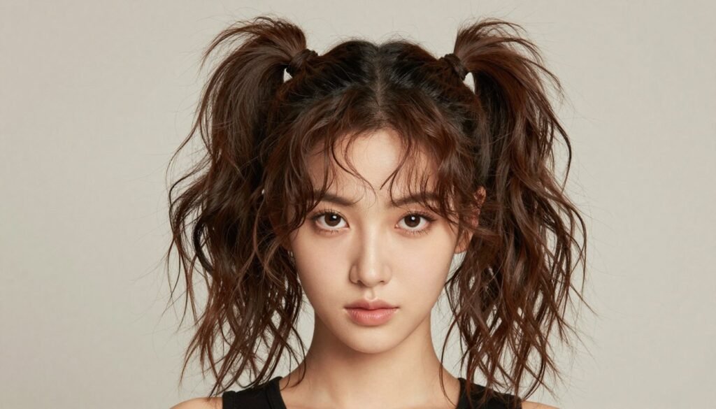 Messy textured 2 ponytails half up half down hairstyle Messy textured 2 ponytails half up half down hairstyle