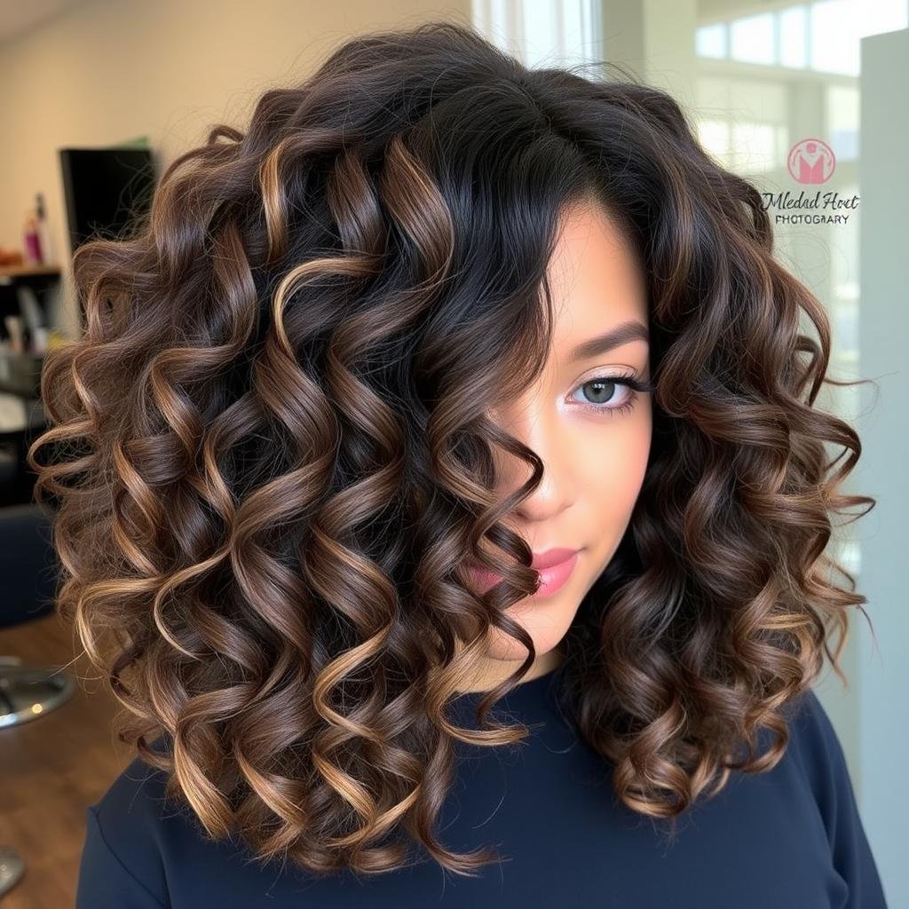 Mushroom brown balayage on curly hair