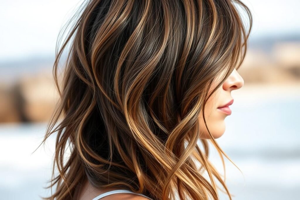 Mushroom brown balayage styled in loose waves showing color dimension
