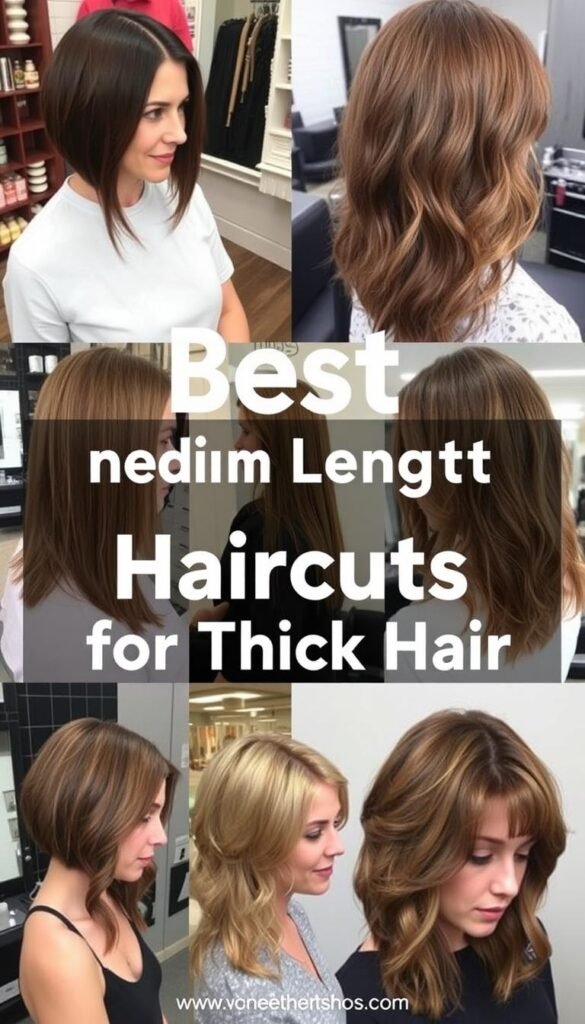 Pinterest-ready image showcasing various medium length haircuts for thick hair