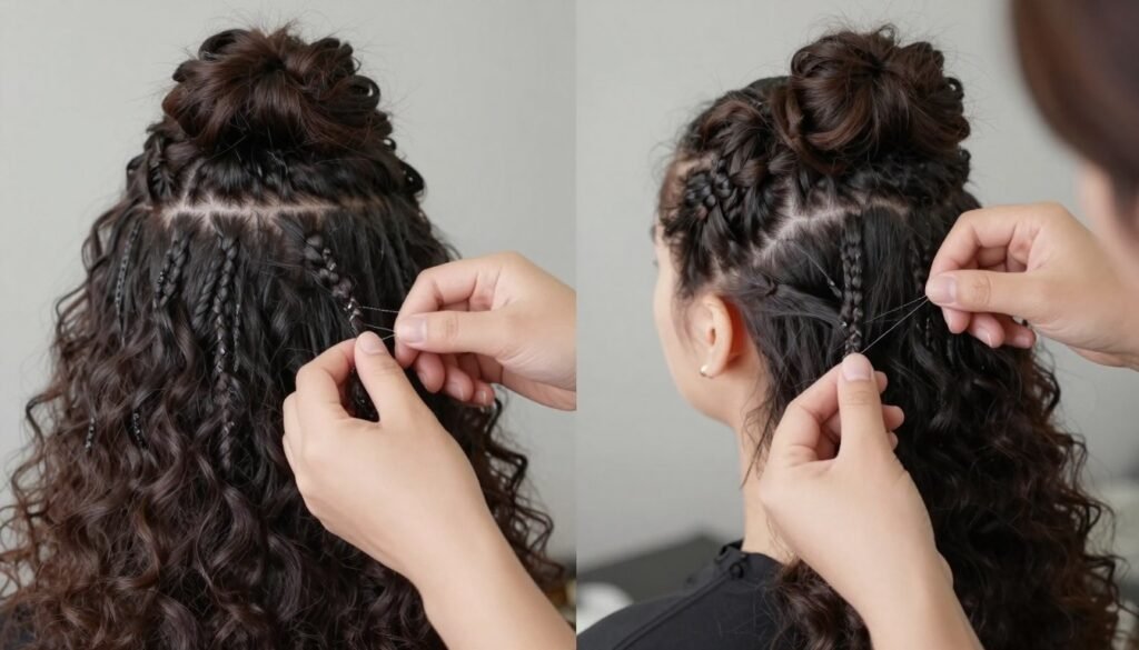 Process of installing curly weave for half up half down style Process of installing curly weave for half up half down style