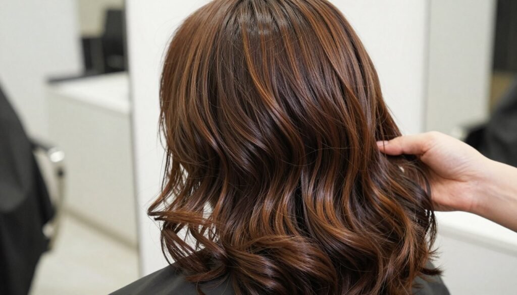 Professional blowout on chocolate brown hair with highlights showing maximum shine and dimension Professional blowout on chocolate brown hair with highlights showing maximum shine and dimension