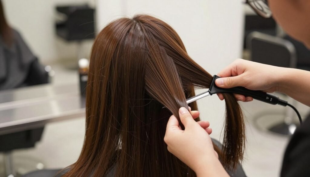 Professional colorist applying highlights to chocolate brown hair in salon Professional colorist applying highlights to chocolate brown hair in salon