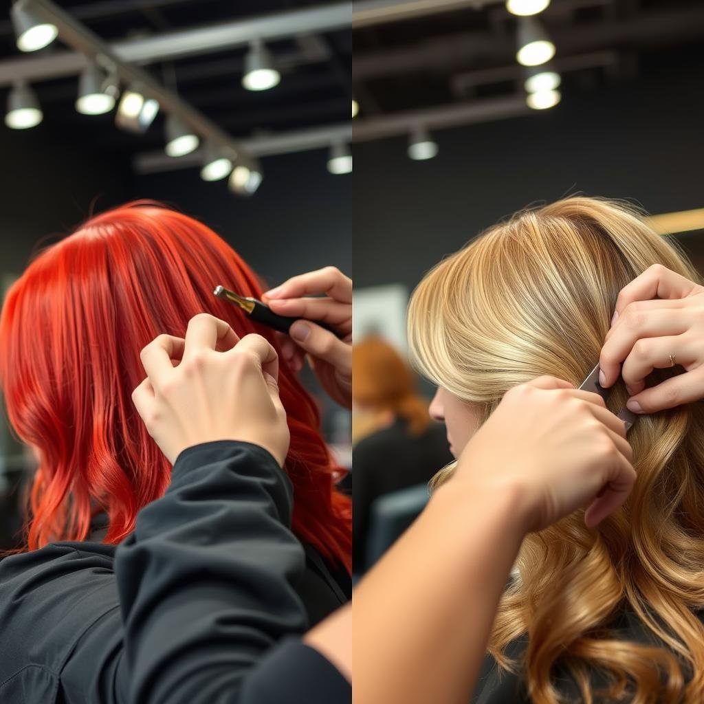 Professional colorist applying red and blonde hair color in a salon