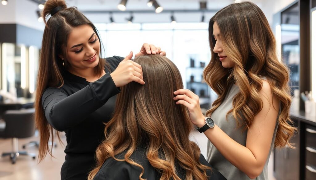Professional stylist applying mushroom brown balayage in salon setting