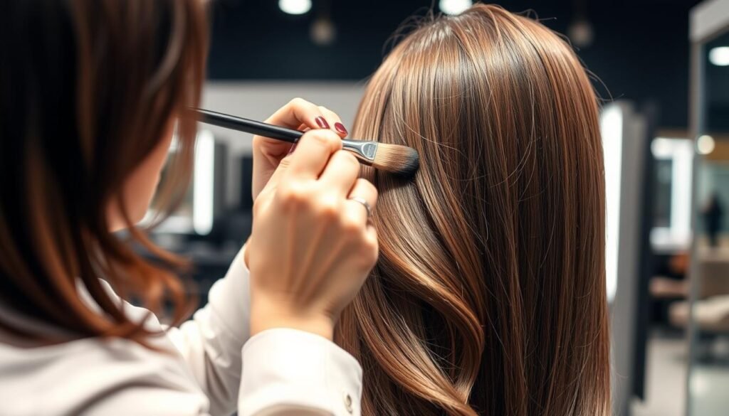 Professional stylist applying mushroom brown hair color using balayage technique