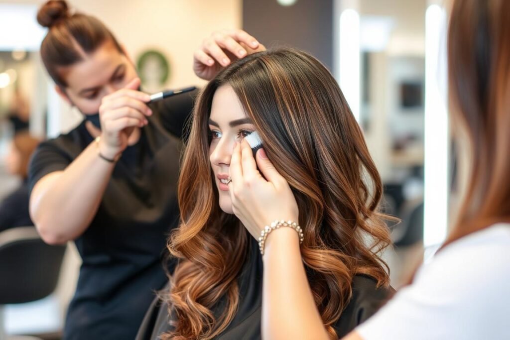 Professional stylist applying ombre hair color to a brunette client in a salon