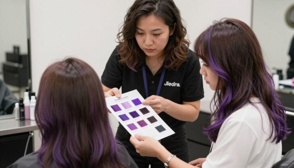 Professional stylist consulting with client about purple highlights for brown hair