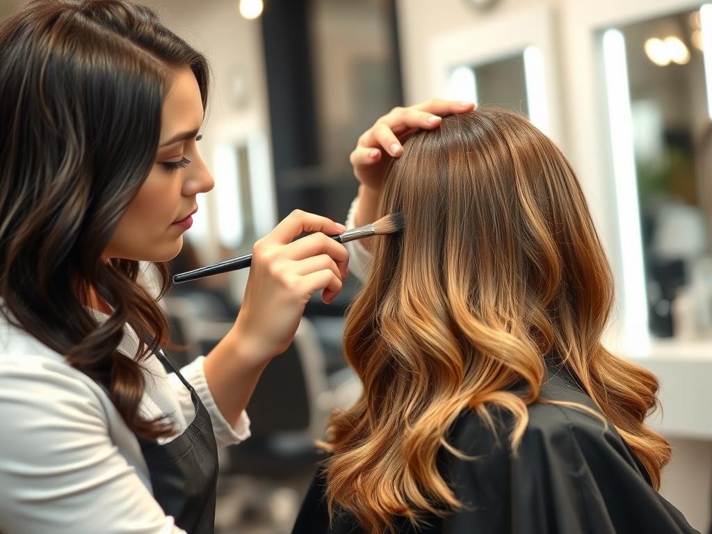Professional stylist creating ombre hair color in salon Professional stylist creating ombre hair color in salon