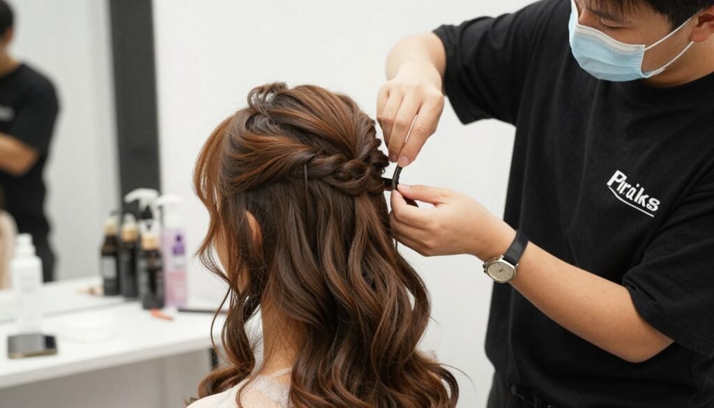 Professional stylist demonstrating techniques for long-lasting half up half down prom hair