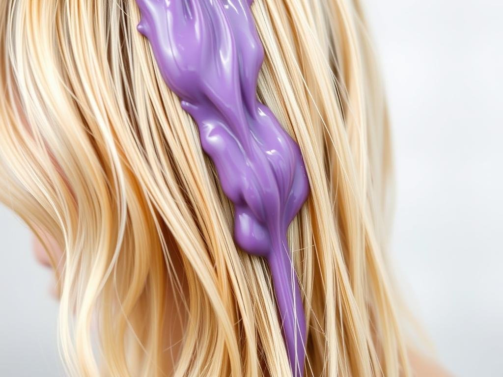 Purple shampoo being applied to blonde hair to maintain spring color
