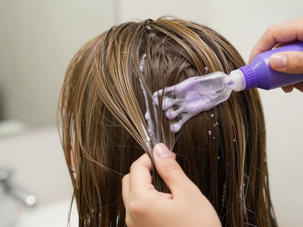 Purple shampoo being applied to medium brown hair with highlights to prevent brassiness Purple shampoo being applied to medium brown hair with highlights to prevent brassiness