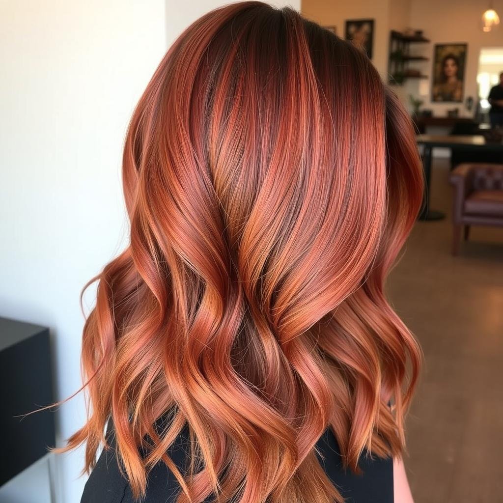 Red copper balayage on long layered hair Red copper balayage on long layered hair