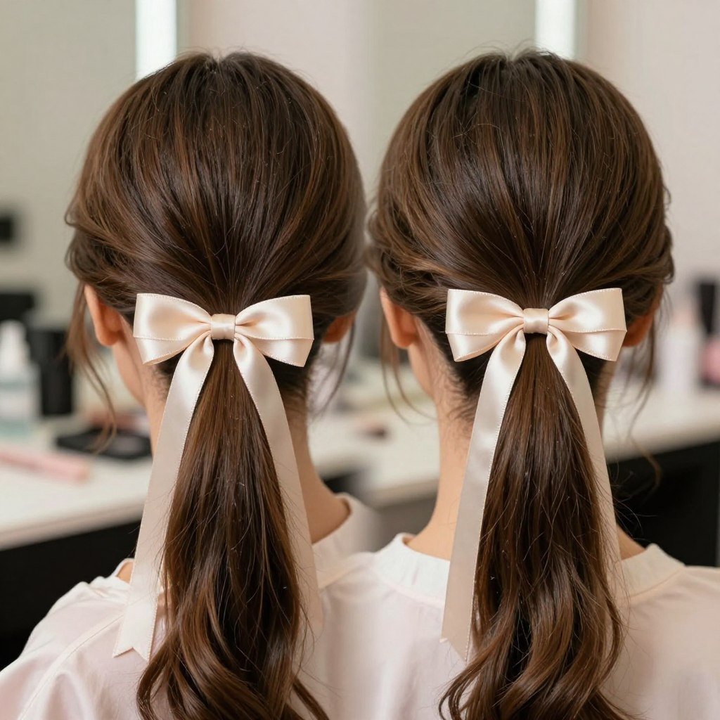 Ribbon-decorated 2 ponytails half up half down Ribbon-decorated 2 ponytails half up half down