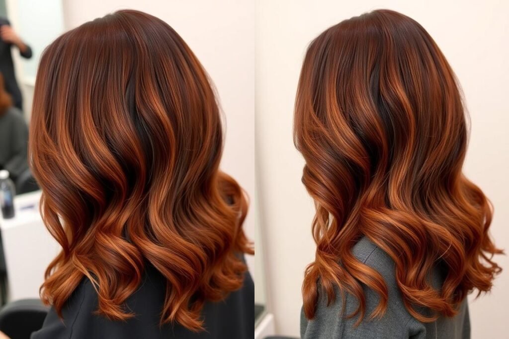 Rooted auburn brown hair with natural transition