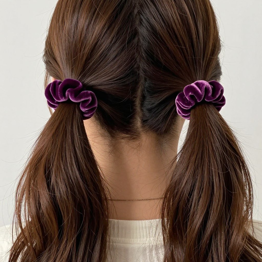 Scrunchies in 2 ponytails half up half down hairstyle Scrunchies in 2 ponytails half up half down hairstyle