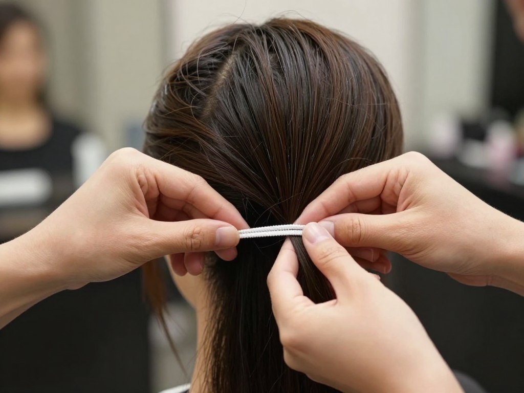 Securing the slicked back top section with a hair tie Securing the slicked back top section with a hair tie