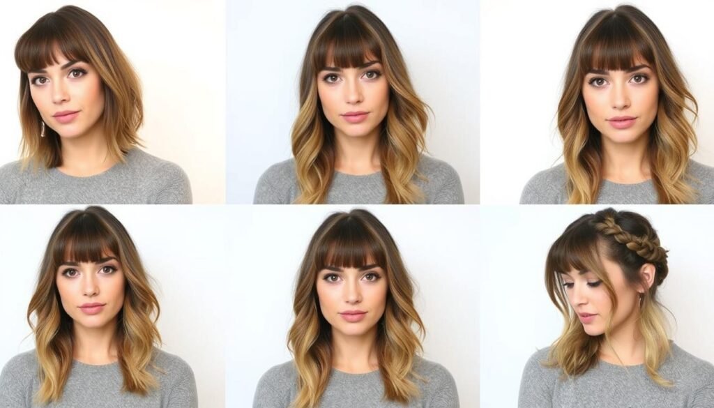 Series of transition styles for growing out bangs with medium length hair