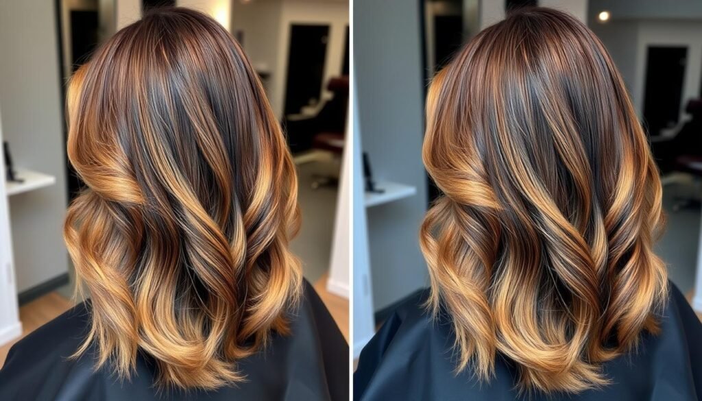 Side-by-side comparison of balayage and ombre techniques on brunette hair