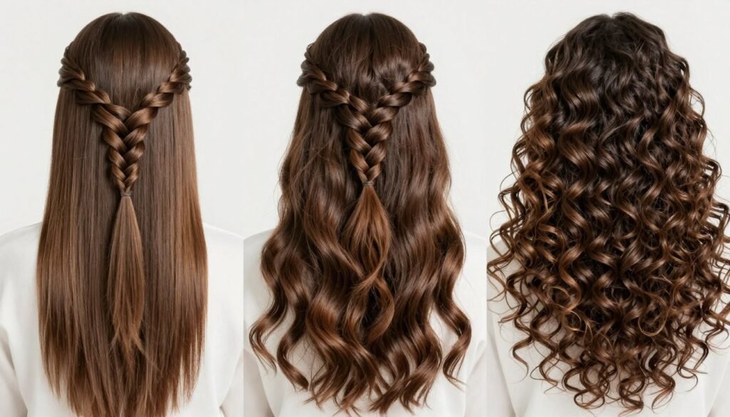 Side-by-side comparison of half up half down braids on different hair types